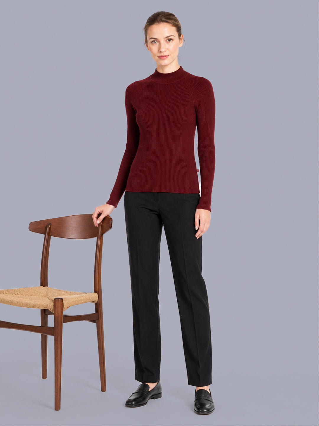 Women Maroon Solid High Neck Full Sleeve Sceavy