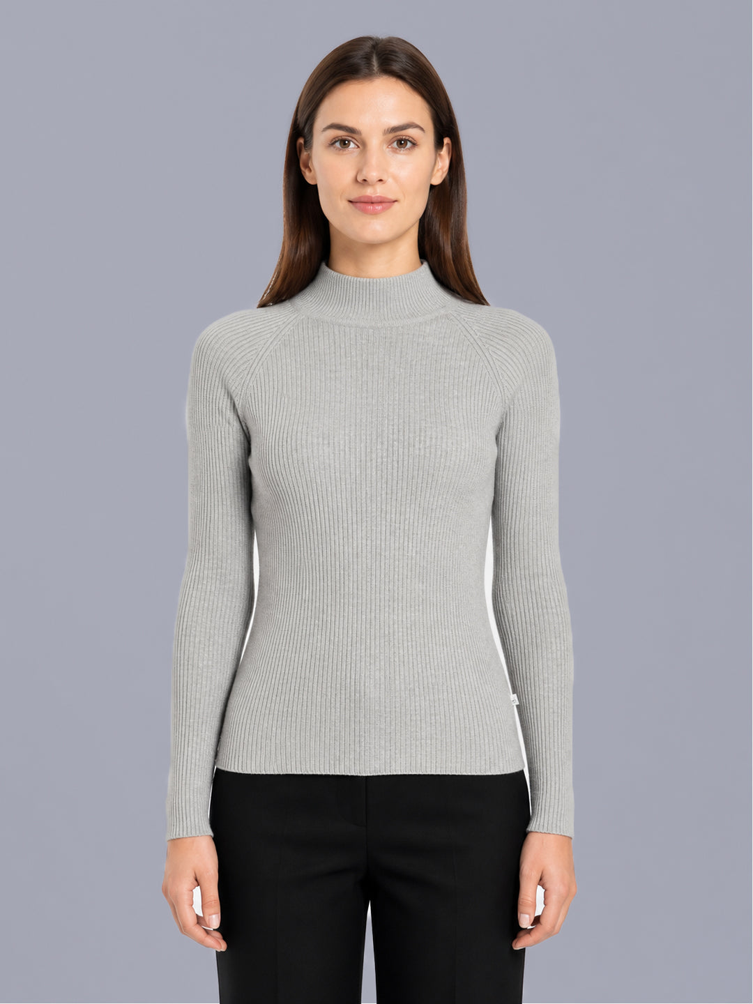 Women Grey Solid High Neck Full Sleeve Sceavy