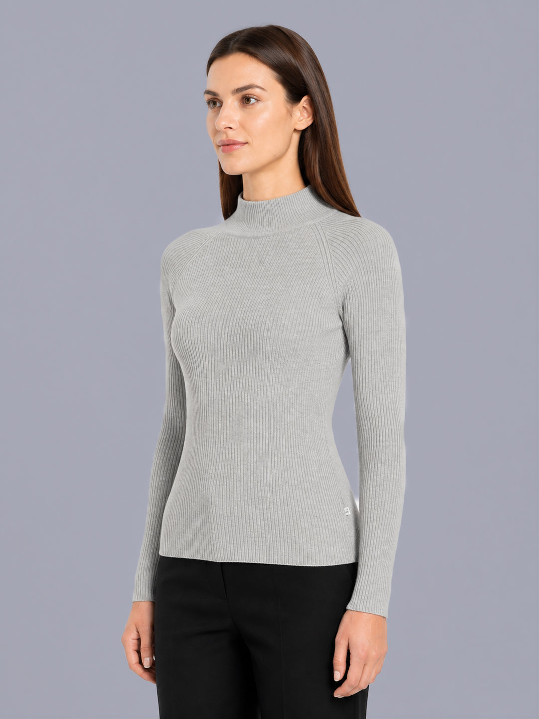 Women Grey Solid High Neck Full Sleeve Sceavy