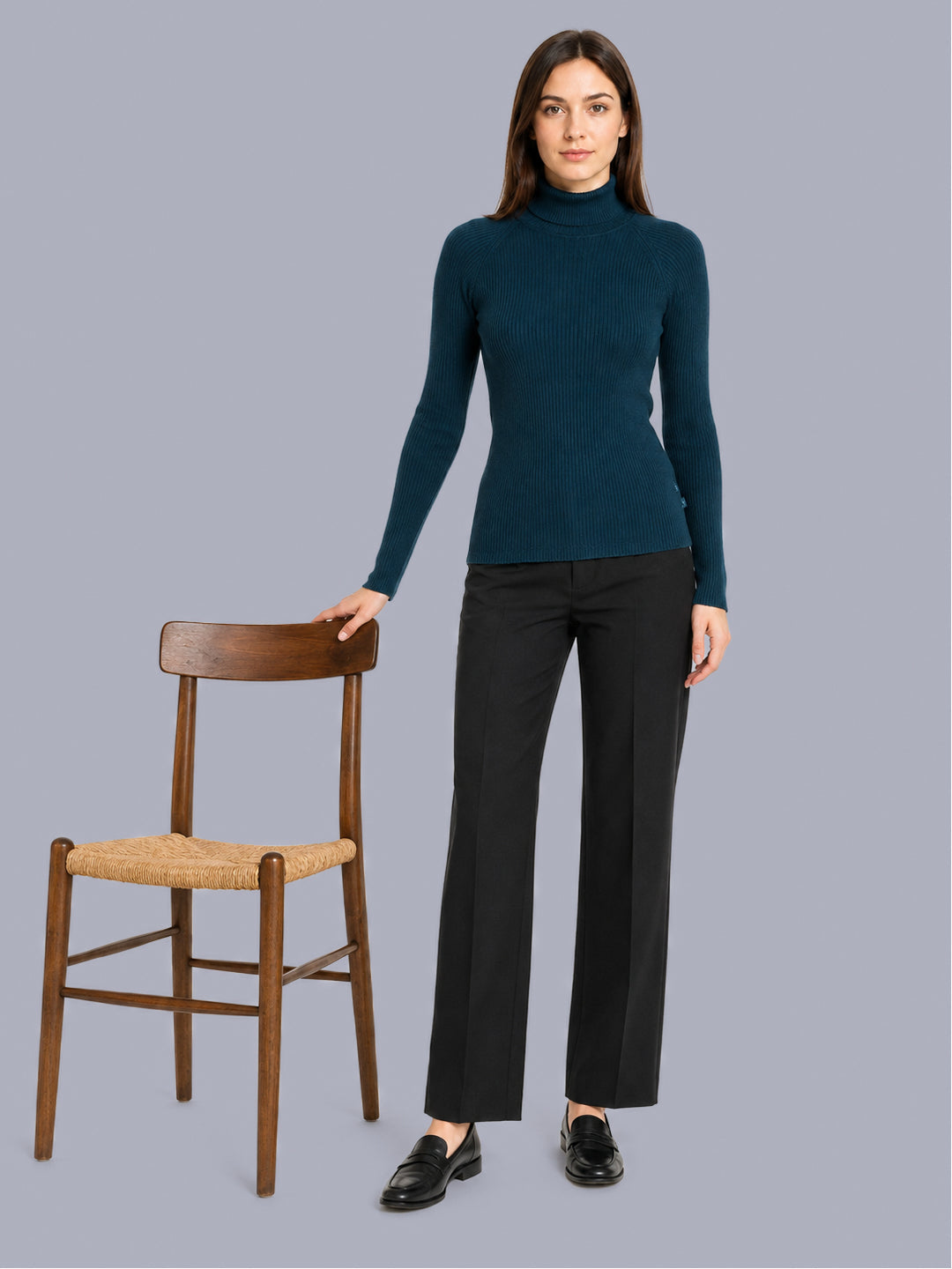 Women Teal Blue Solid High Neck Full Sleeve Sceavy