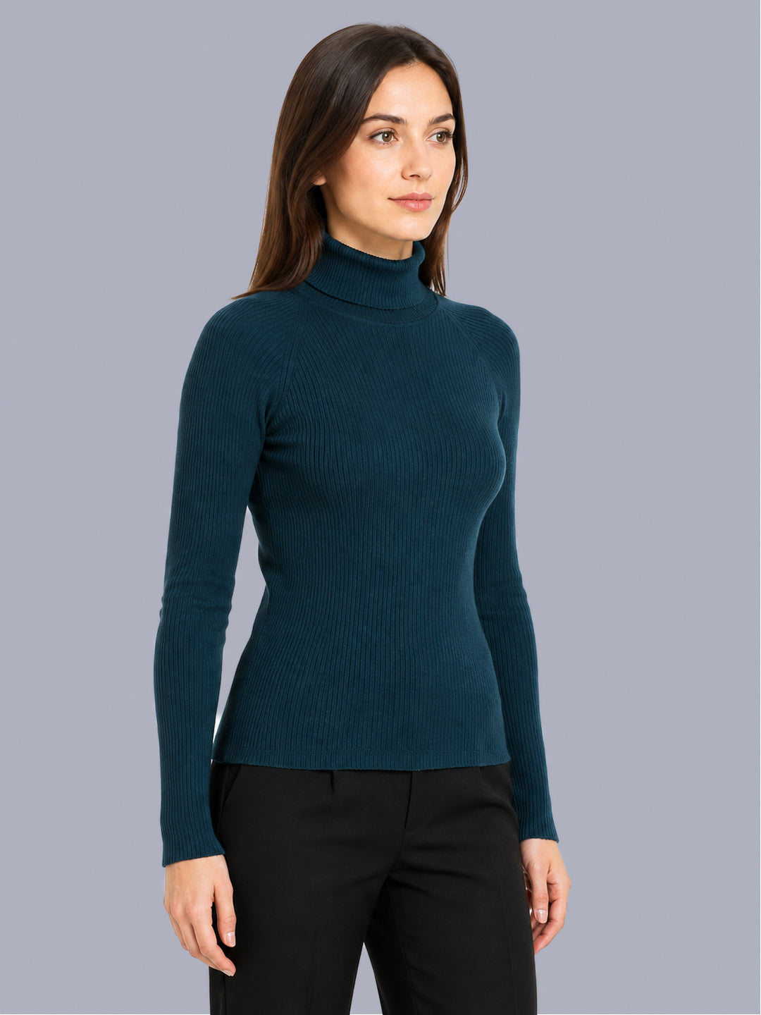 Women Teal Blue Solid High Neck Full Sleeve Sceavy
