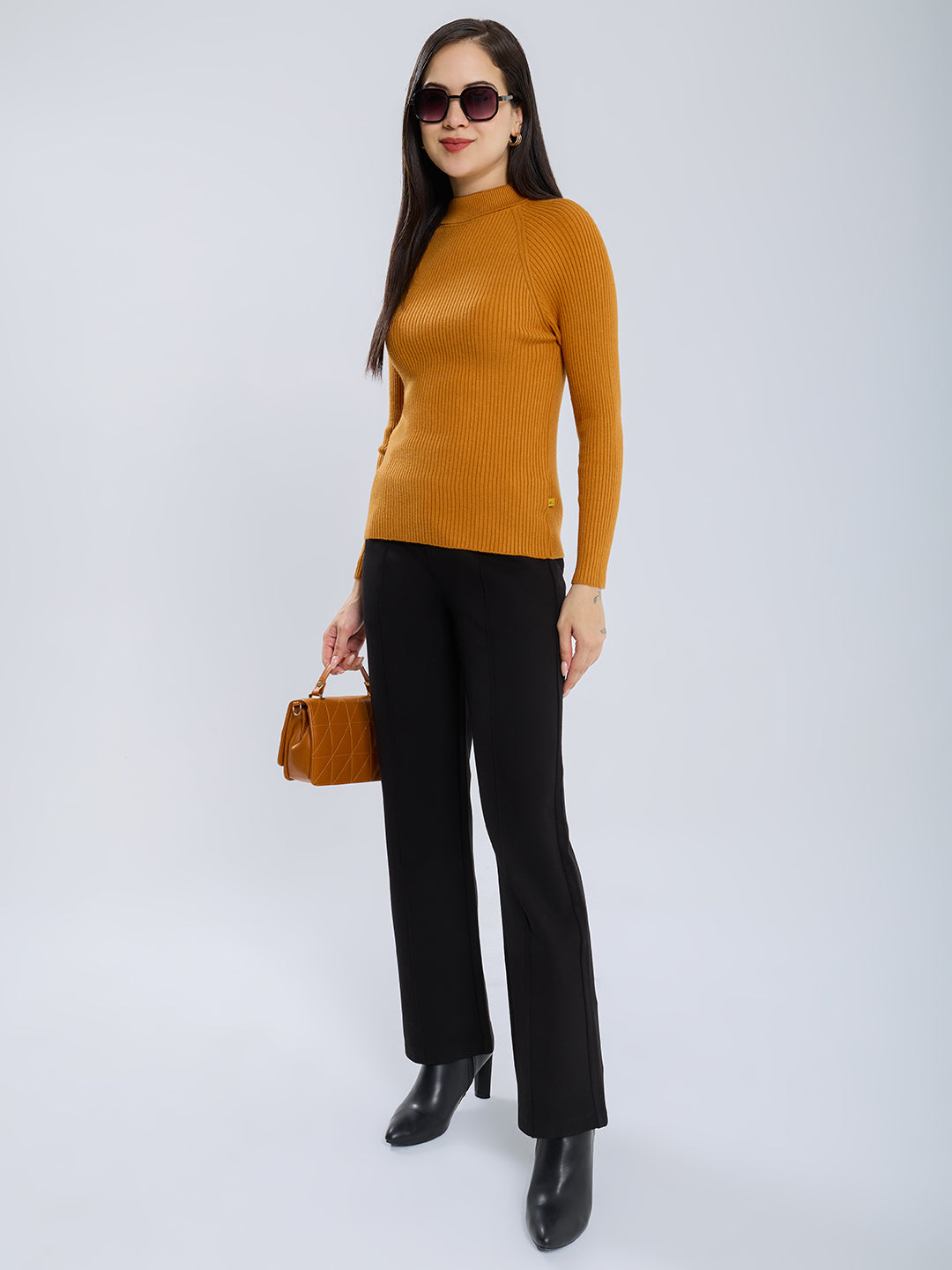 Women Mustard Solid Turtle Neck Full Sleeve Sceavy