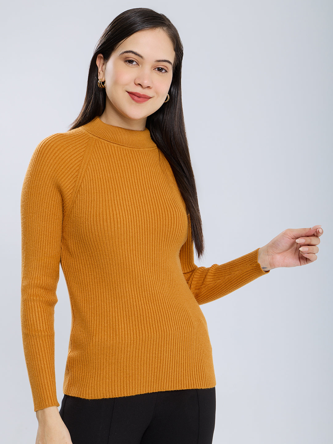 Women Mustard Solid Turtle Neck Full Sleeve Sceavy