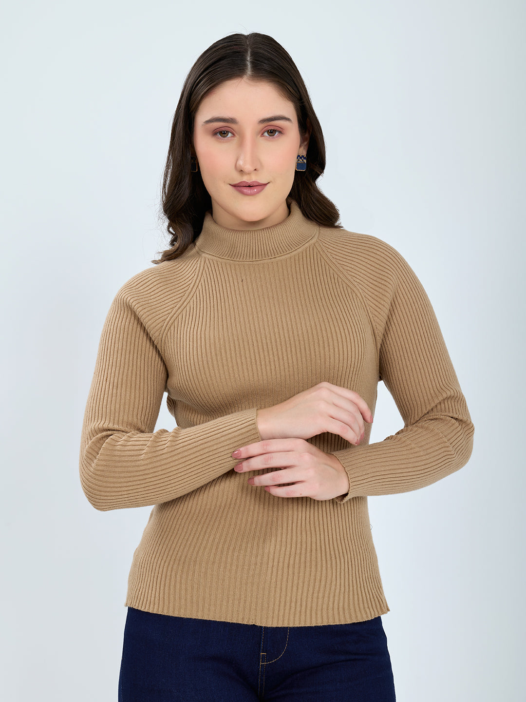 Women Camel Brown Solid High Neck Full Sleeve Sceavy