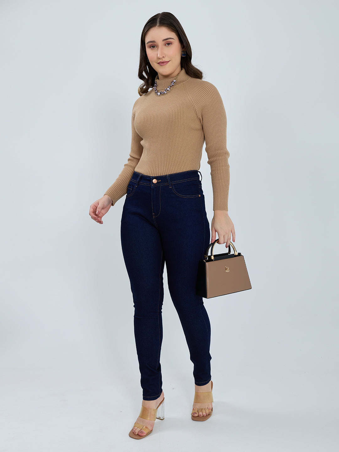Women Camel Brown Solid High Neck Full Sleeve Sceavy