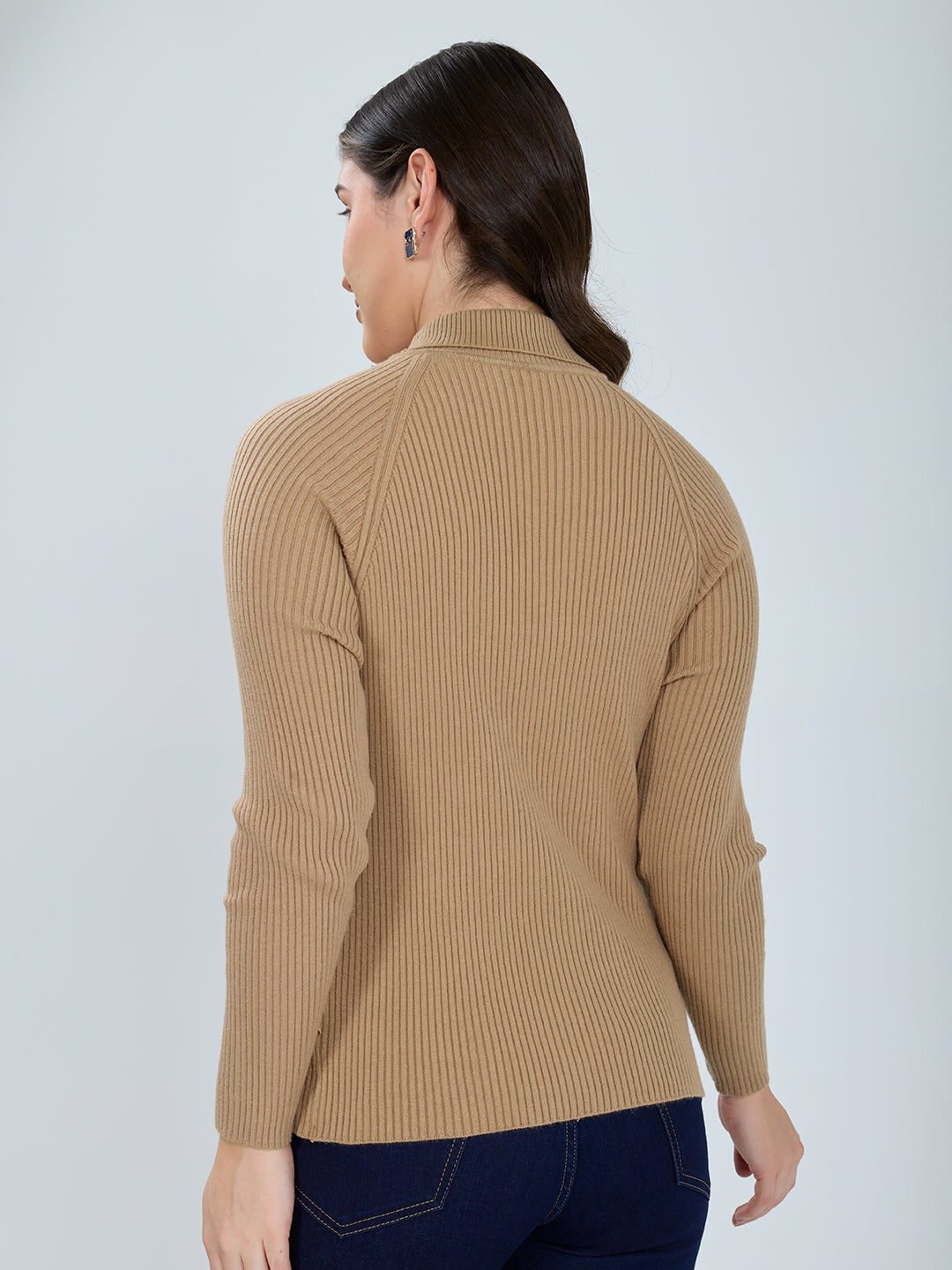 Women Camel Brown Solid High Neck Full Sleeve Sceavy