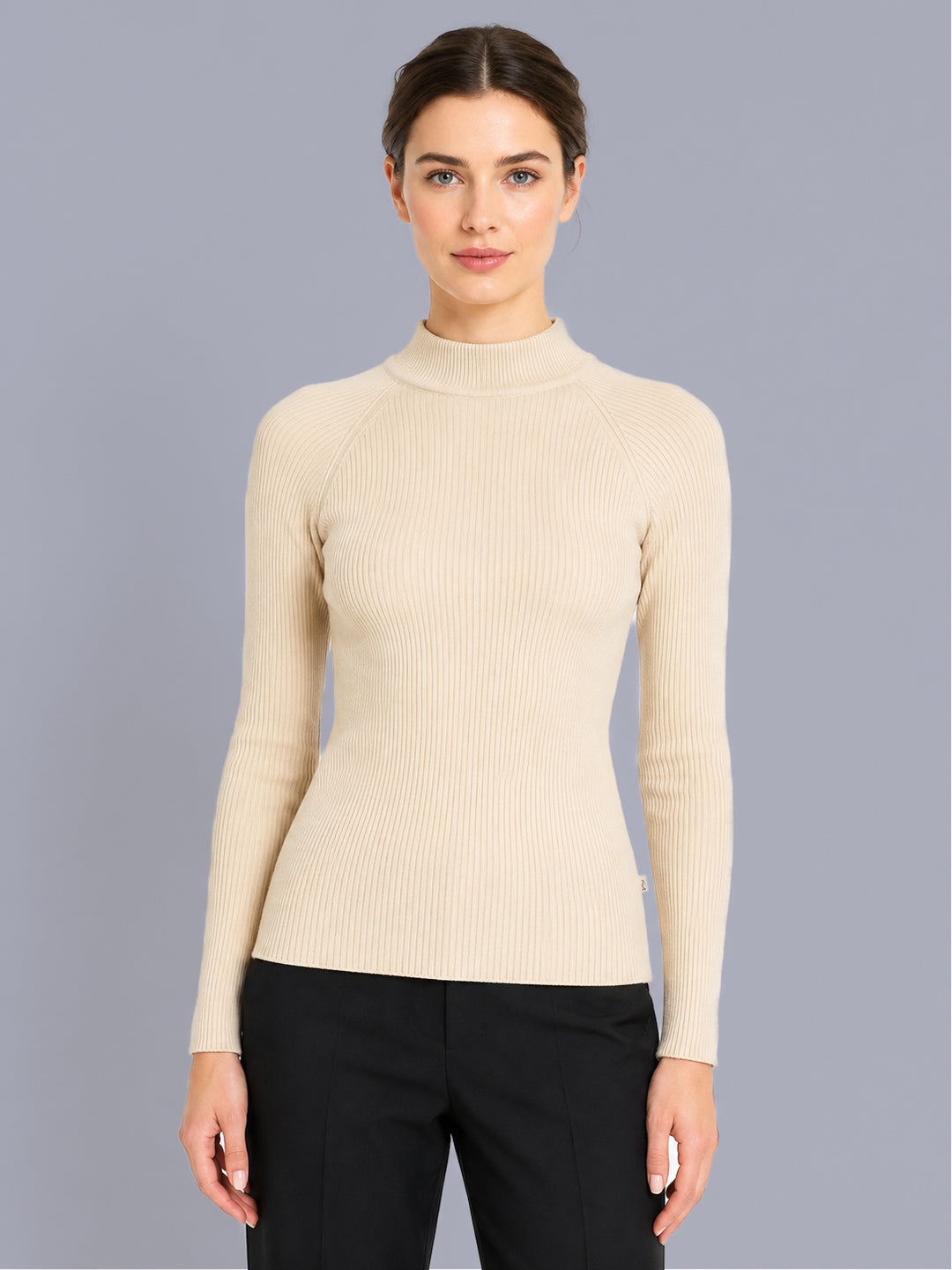 Women Beige Solid High Neck Full Sleeve Sceavy