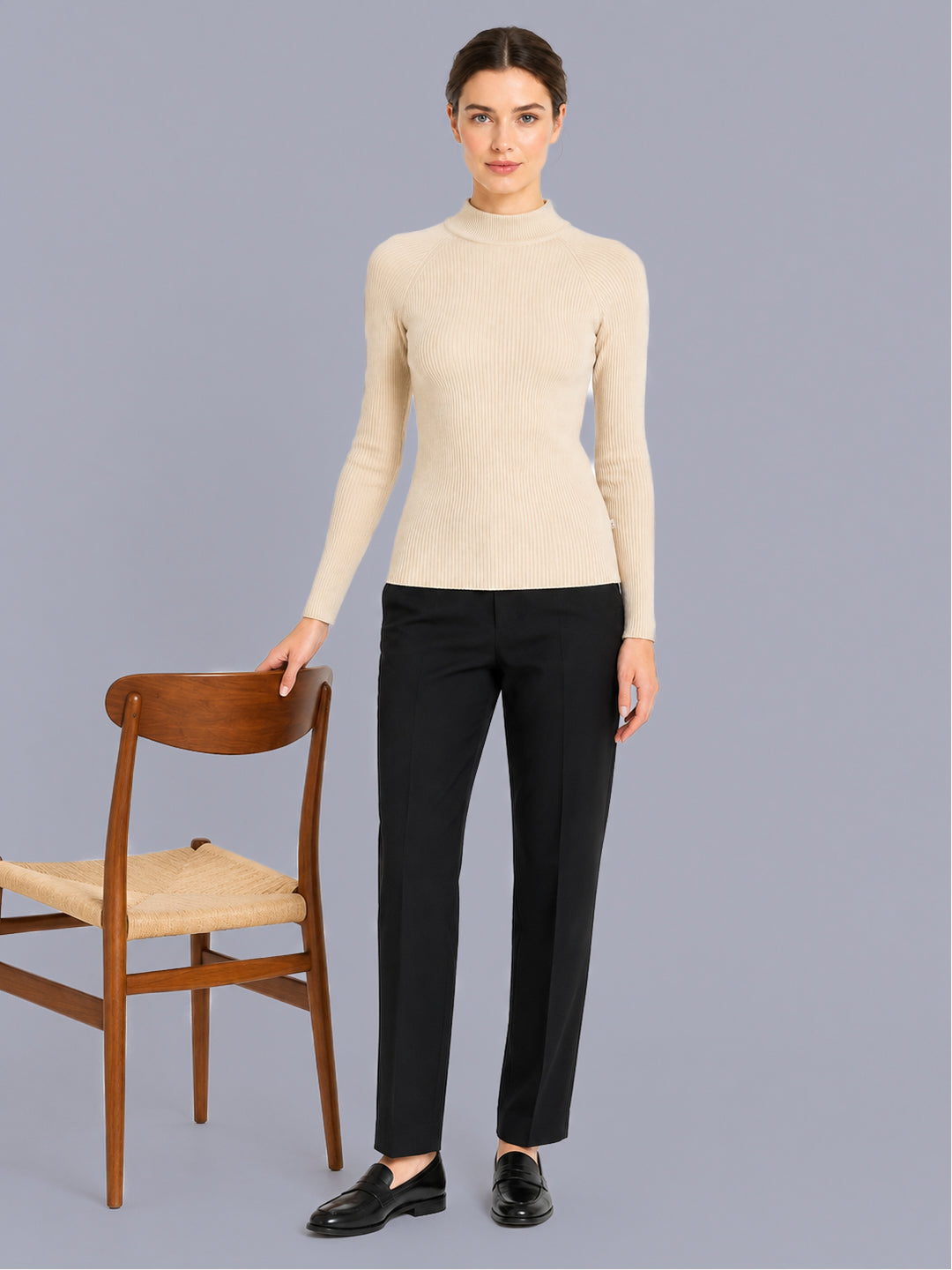 Women Beige Solid High Neck Full Sleeve Sceavy