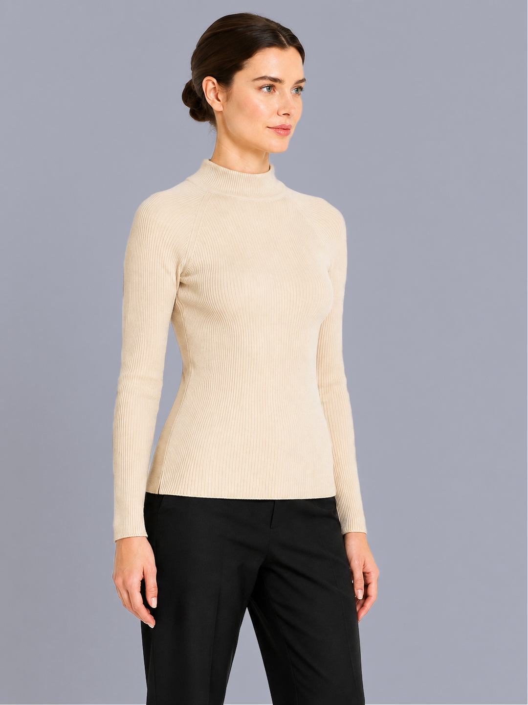 Women Beige Solid High Neck Full Sleeve Sceavy