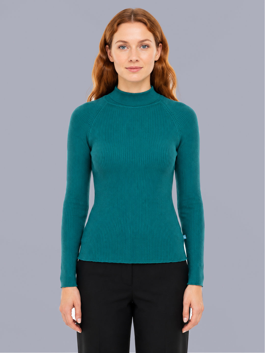 Women Aqua Blue Solid High Neck Full Sleeve Sceavy