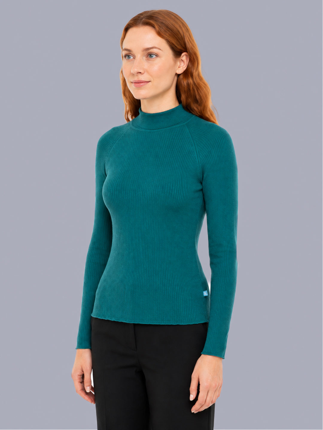 Women Aqua Blue Solid High Neck Full Sleeve Sceavy