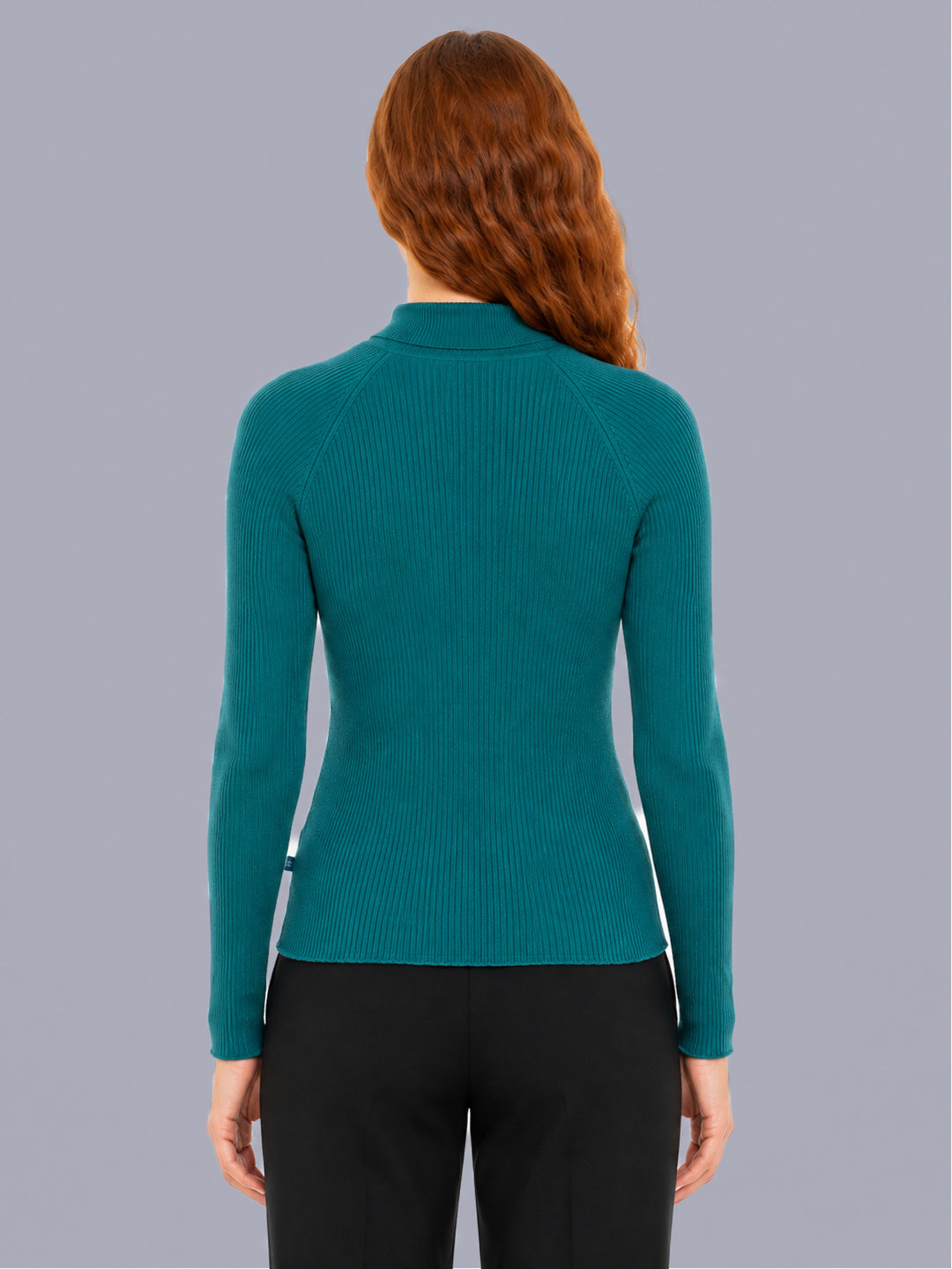 Women Aqua Blue Solid High Neck Full Sleeve Sceavy