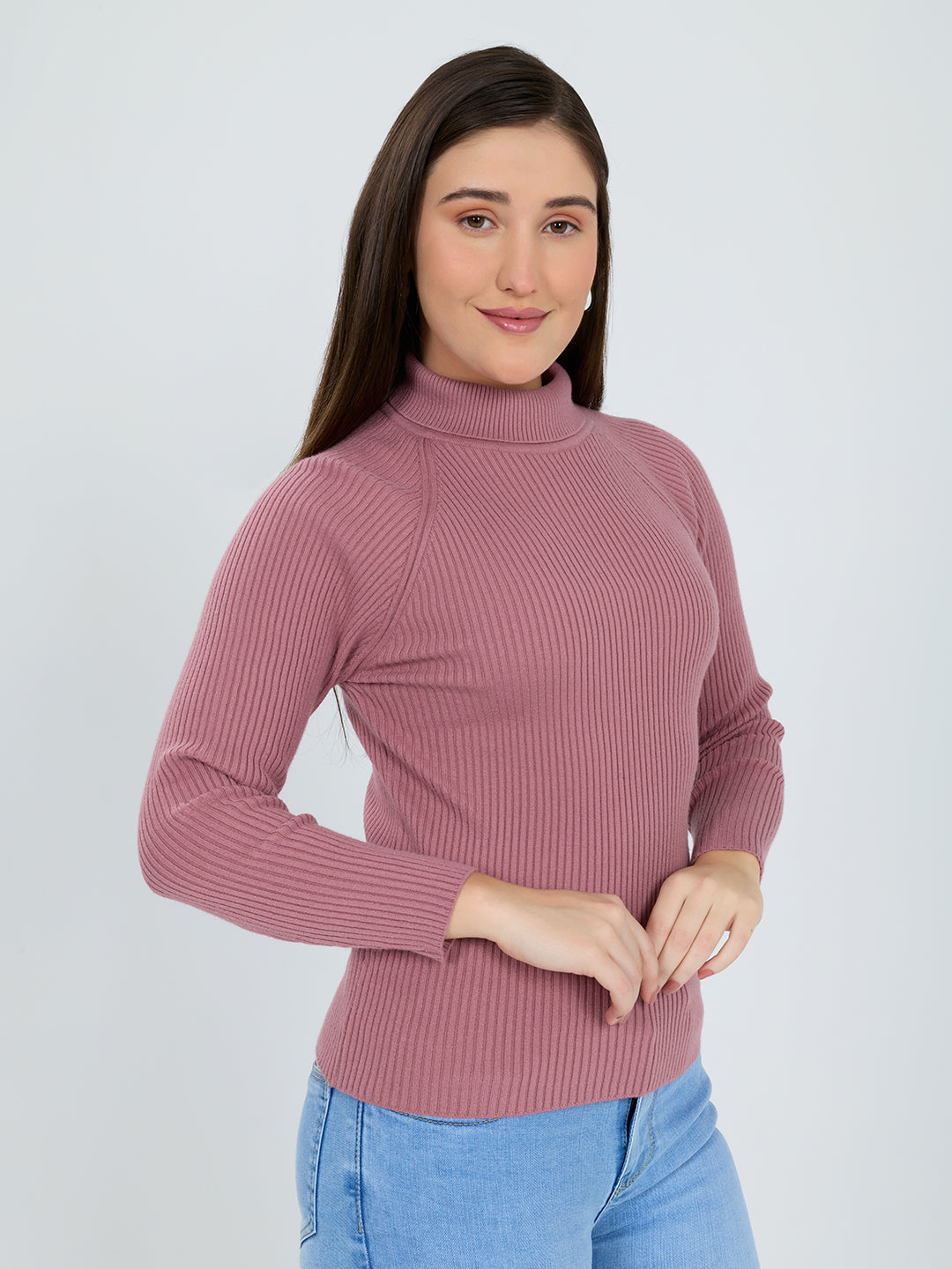 Women Light Pink Solid Turtle Neck Full Sleeve Sceavy