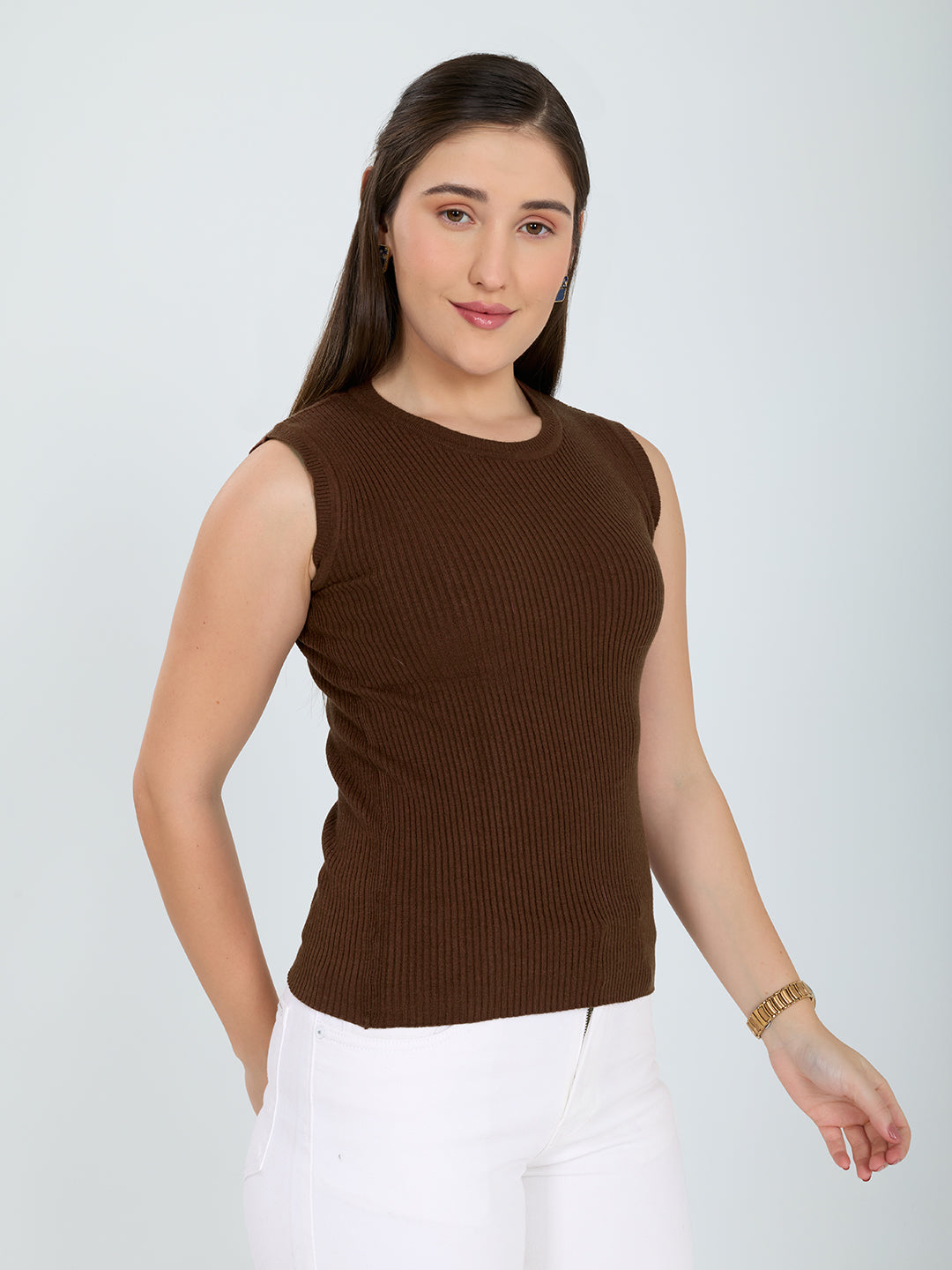 Women Camel Brown Solid Round Neck Sleeveless Sceavy