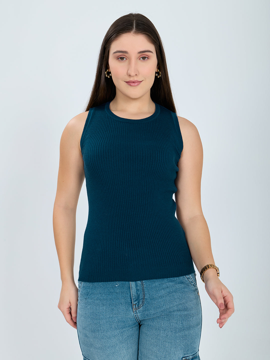Women Teal Blue Solid Turtle Neck Full Sleeve Sceavy