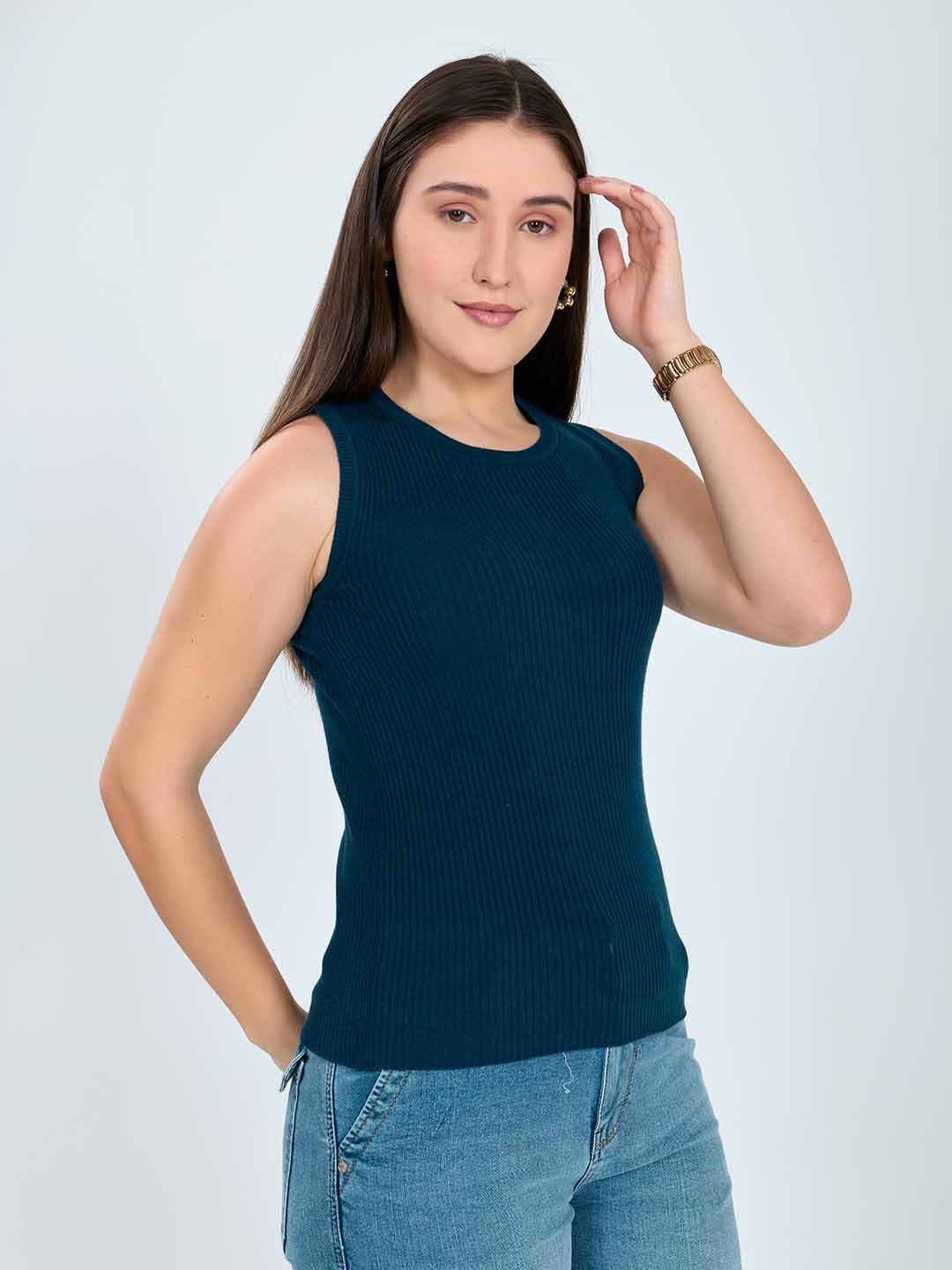 Women Teal Blue Solid Turtle Neck Full Sleeve Sceavy