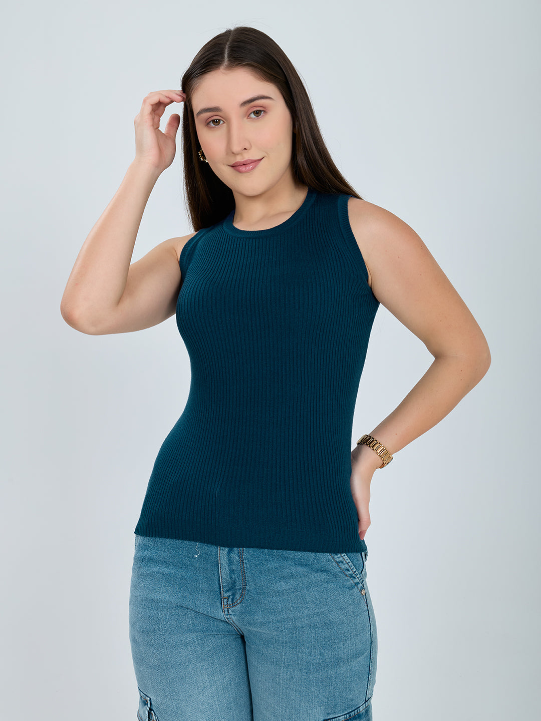 Women Teal Blue Solid Turtle Neck Full Sleeve Sceavy