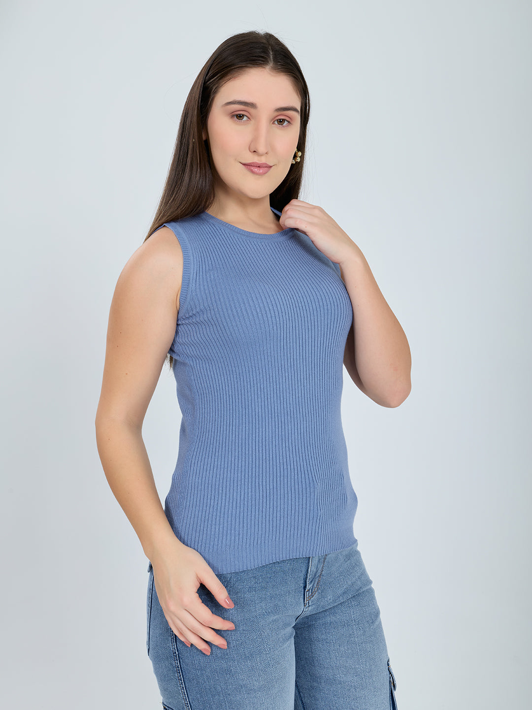Women Blue Solid Turtle Neck Full Sleeve Sceavy