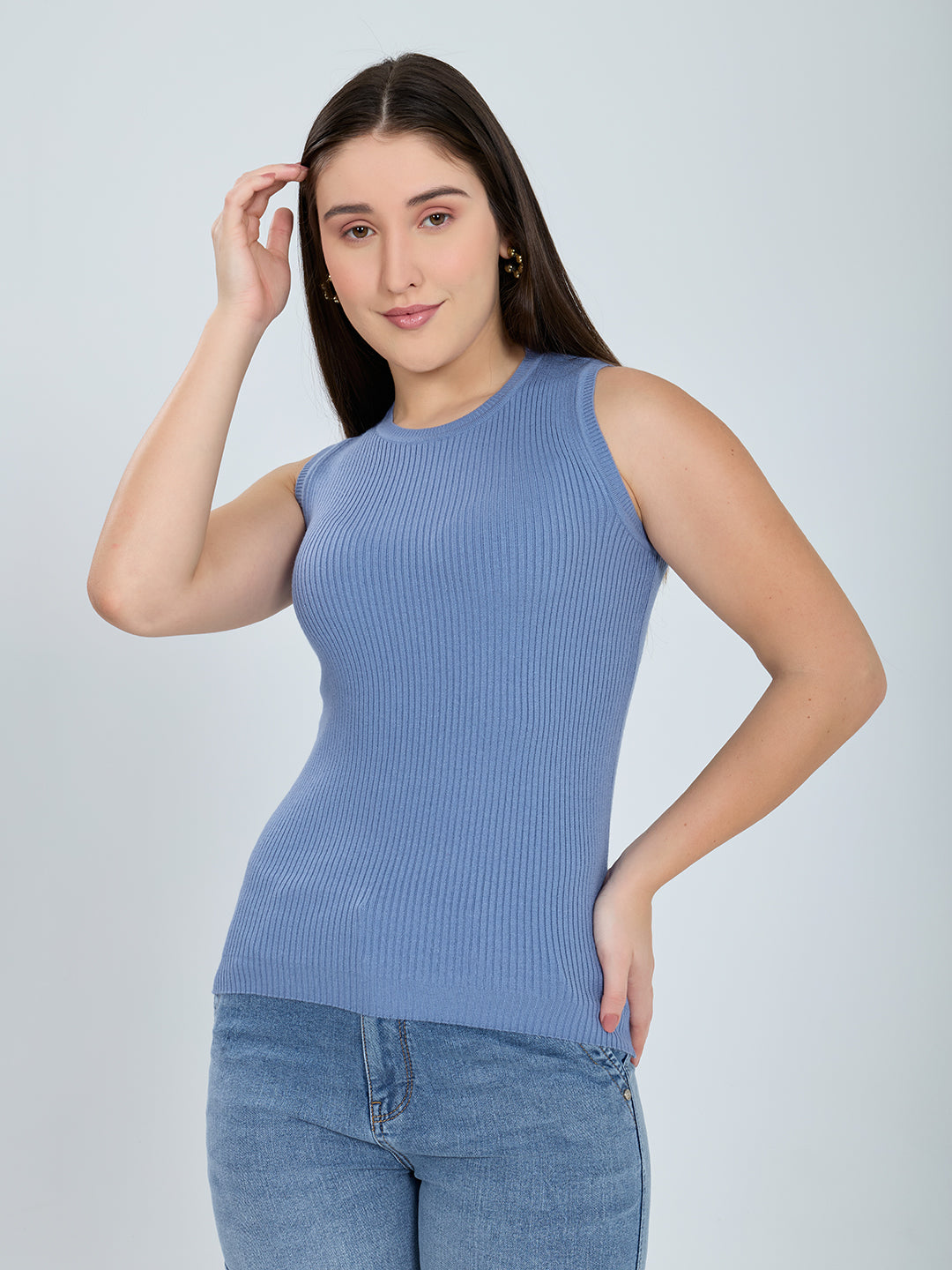 Women Blue Solid Turtle Neck Full Sleeve Sceavy