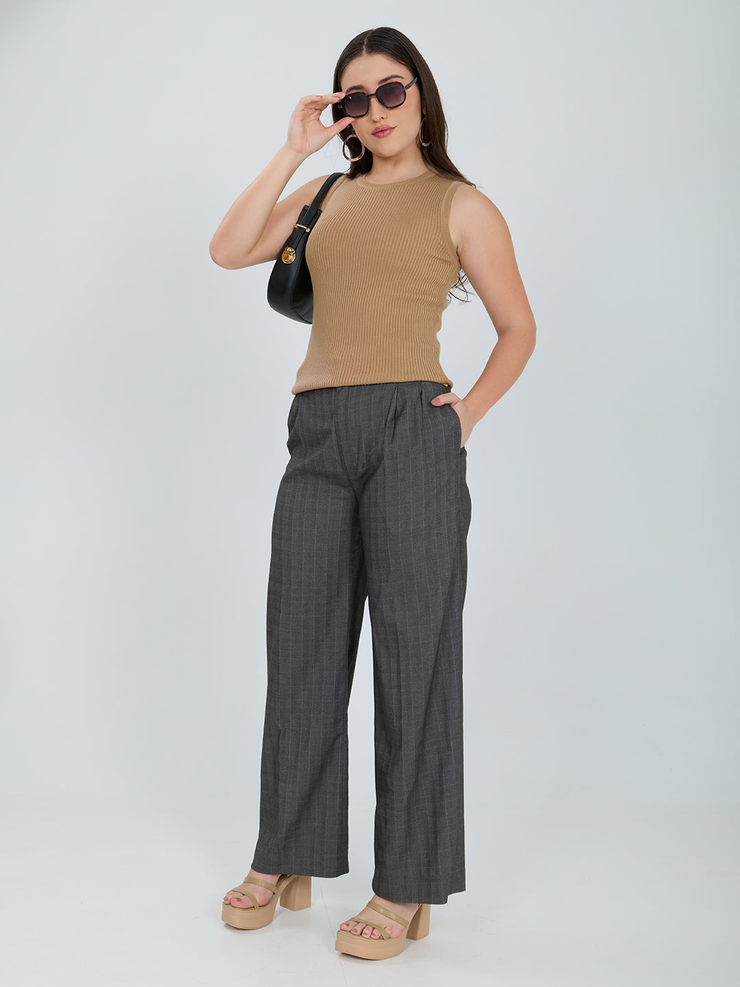 Women Camel Brown Solid Round Neck Sleeveless Sceavy