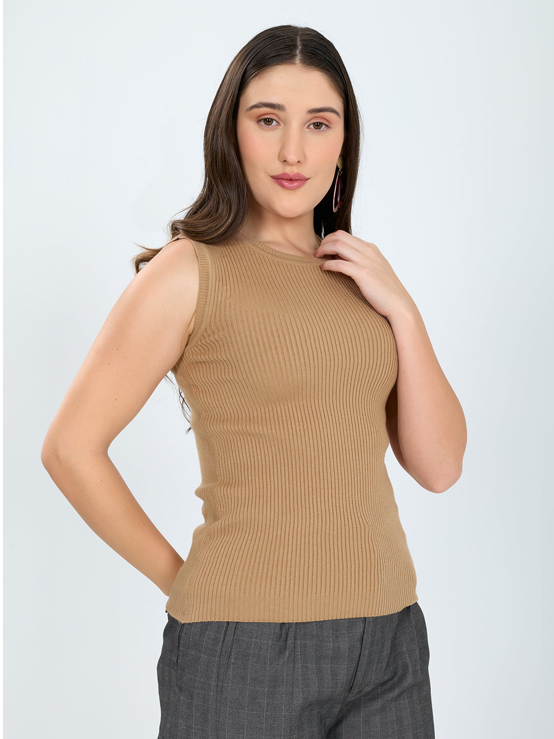 Women Camel Brown Solid Round Neck Sleeveless Sceavy