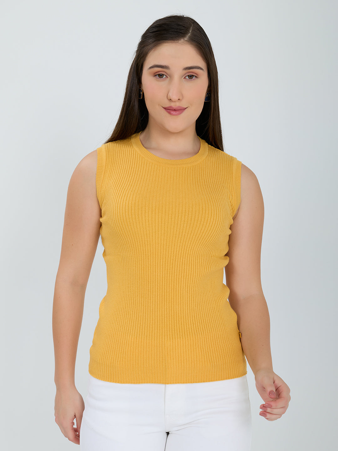Women Yellow Solid Round Neck Sleeveless Sceavy