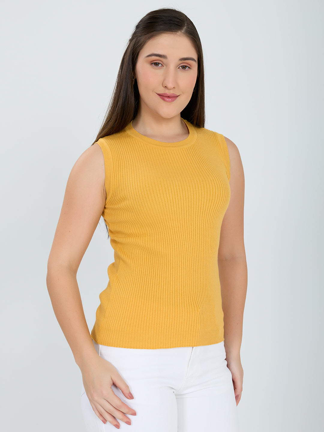 Women Yellow Solid Round Neck Sleeveless Sceavy