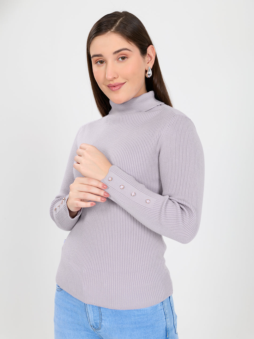 Women Purple Solid Turtle Neck Full Sleeve Sceavy