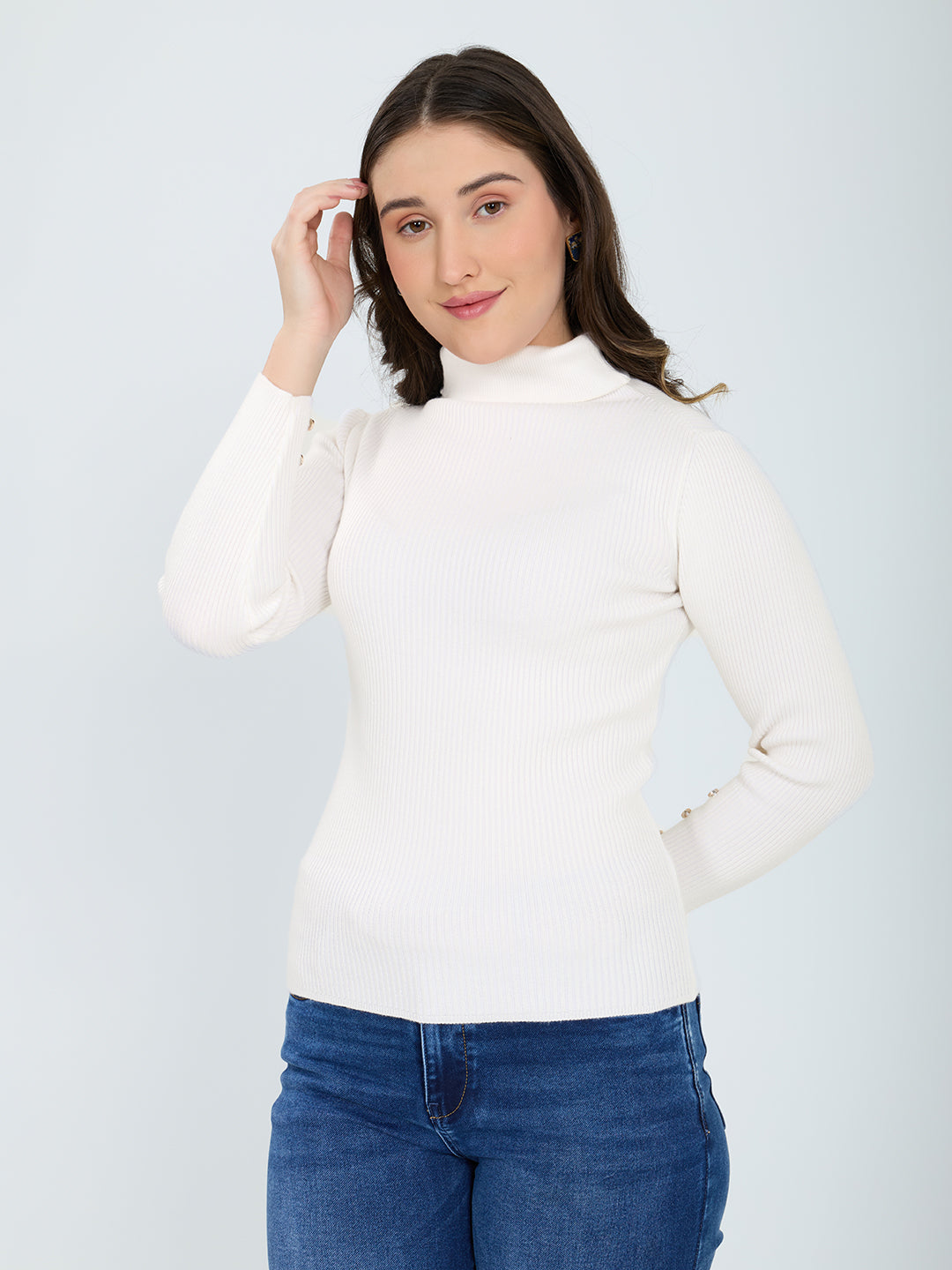Women White Solid Turtle Neck Full Sleeve Sceavy