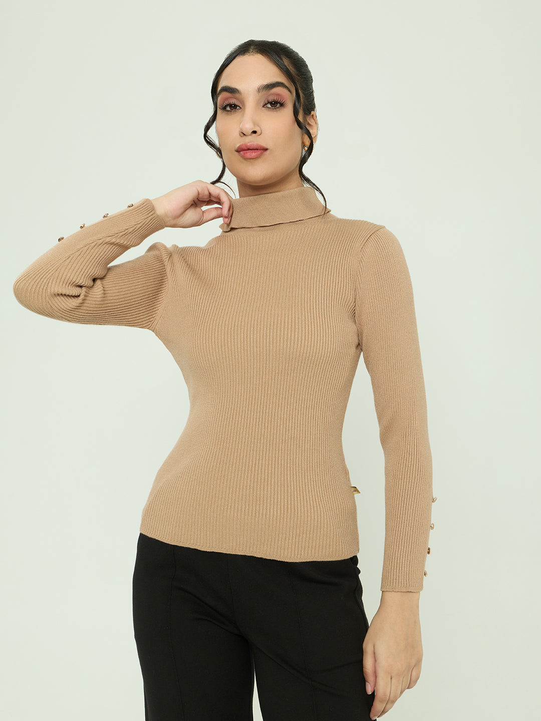 Women Camel Brown Solid Turtle Neck Full Sleeve Sceavy