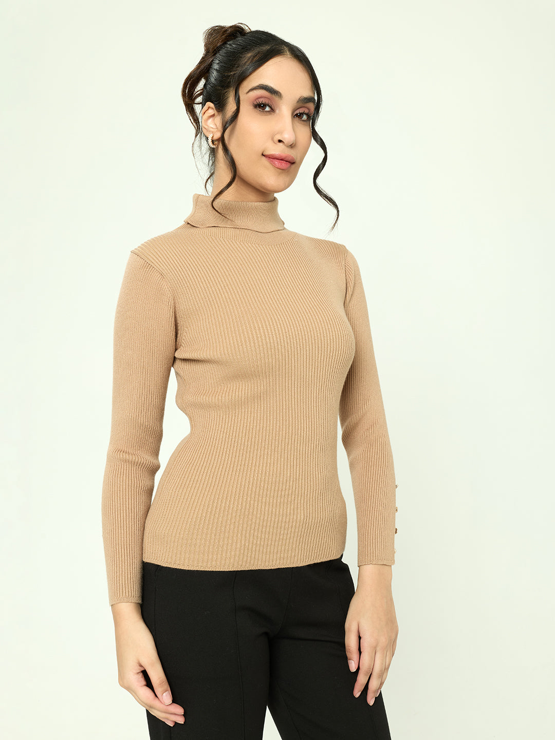 Women Camel Brown Solid Turtle Neck Full Sleeve Sceavy