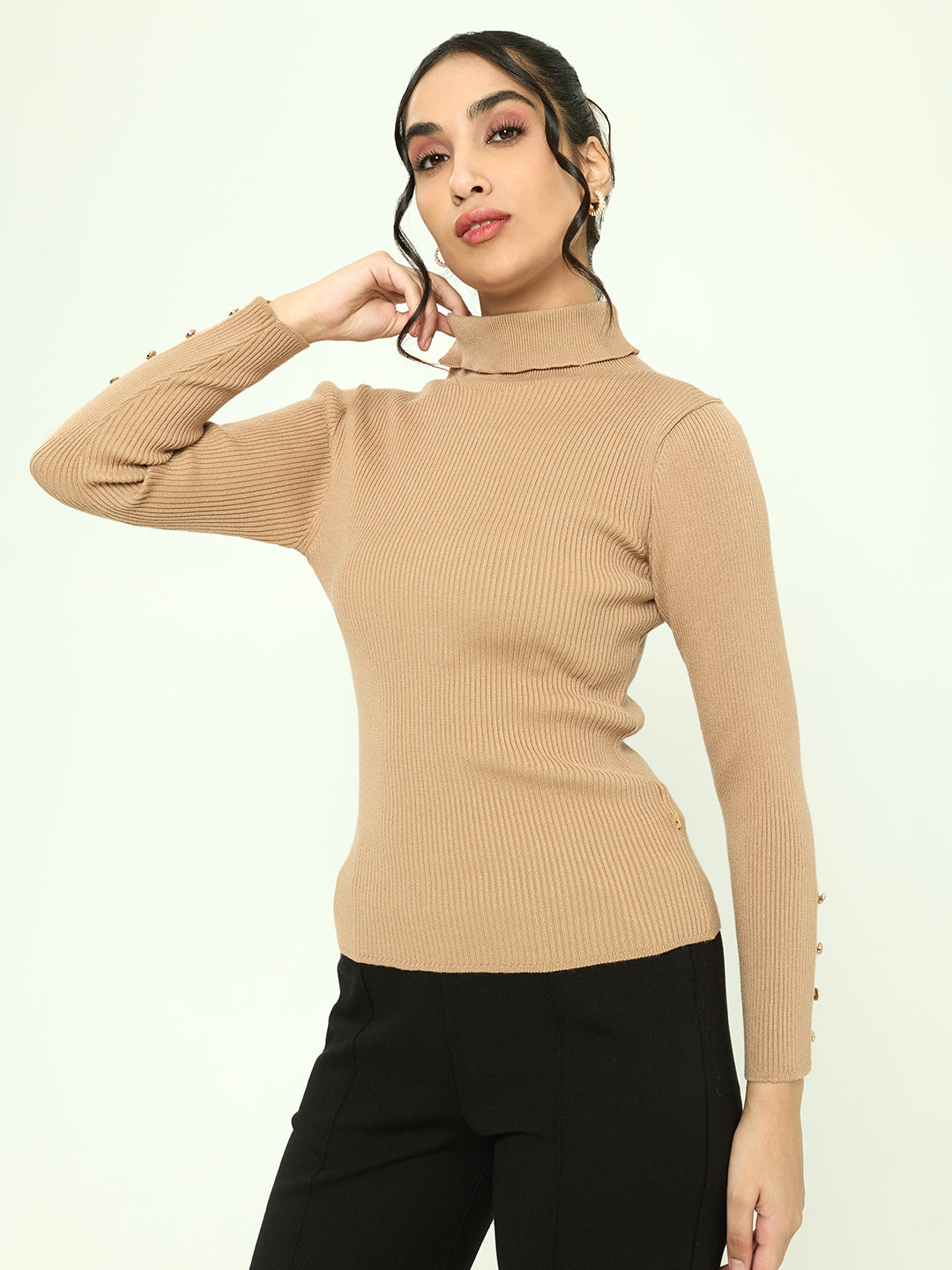 Women Camel Brown Solid Turtle Neck Full Sleeve Sceavy