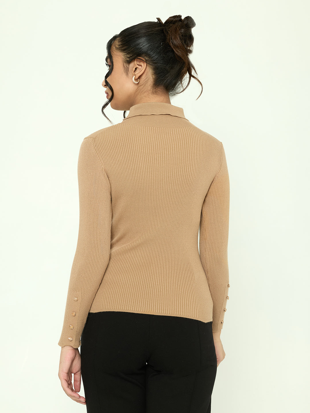 Women Camel Brown Solid Turtle Neck Full Sleeve Sceavy