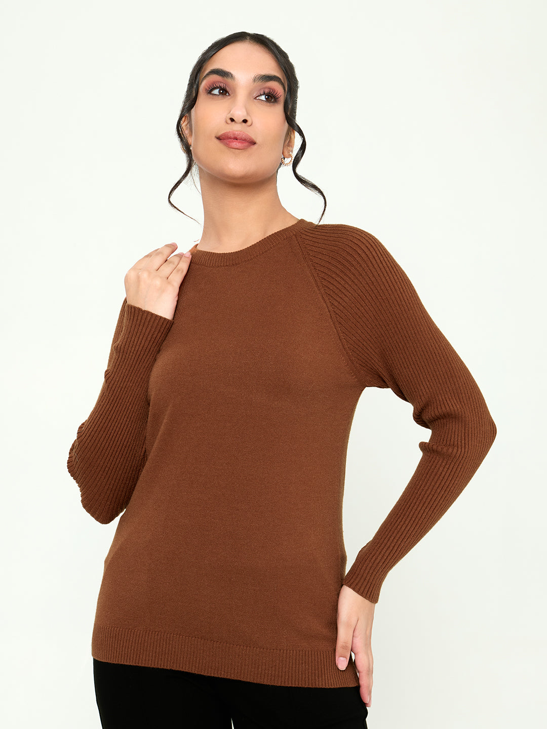 Women Rust Solid Round Neck Full Sleeve Sceavy