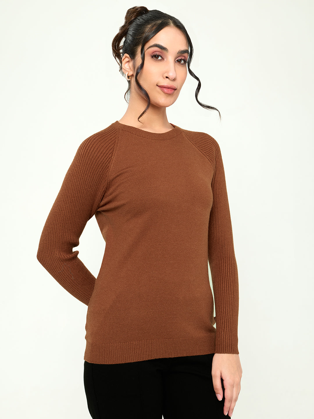 Women Rust Solid Round Neck Full Sleeve Sceavy