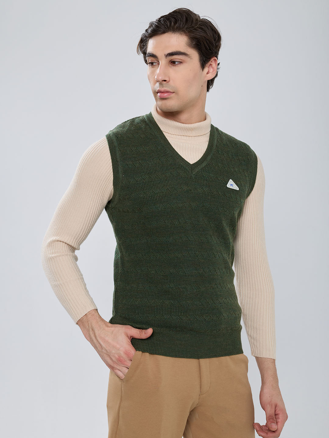 Men Green Self Design V Neck Sleeveless Sweater