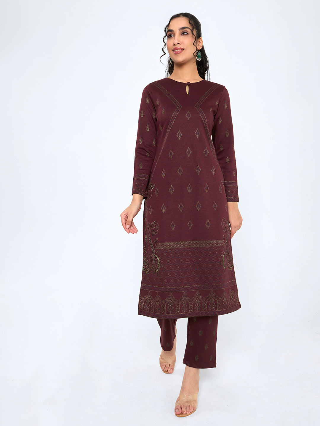 Women Maroon Self Design Round Neck Full Sleeve Kurtis Set for Winter