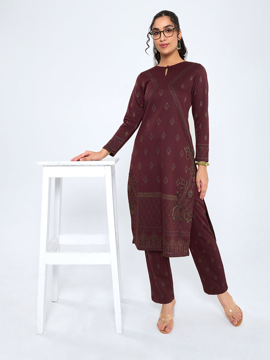 Women Maroon Self Design Round Neck Full Sleeve Kurtis Set for Winter