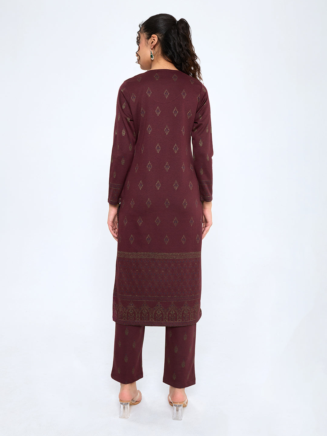 Women Maroon Self Design Round Neck Full Sleeve Kurtis Set for Winter