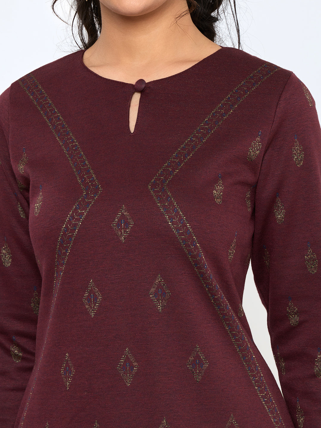 Women Maroon Self Design Round Neck Full Sleeve Kurtis Set for Winter