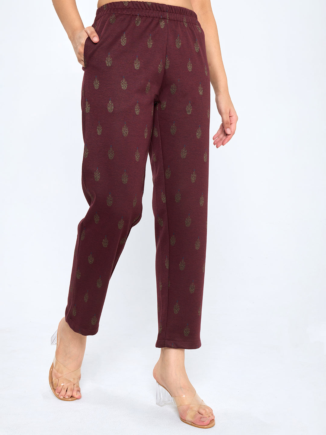 Women Maroon Self Design Round Neck Full Sleeve Kurtis Set for Winter