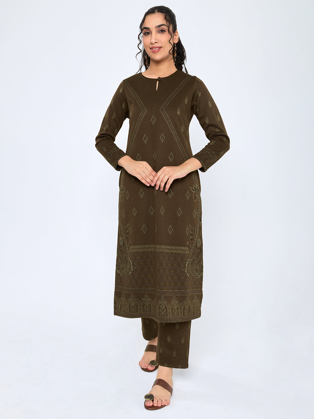 Women Brown Self Design Round Neck Full Sleeve Kurtis Set for Winter