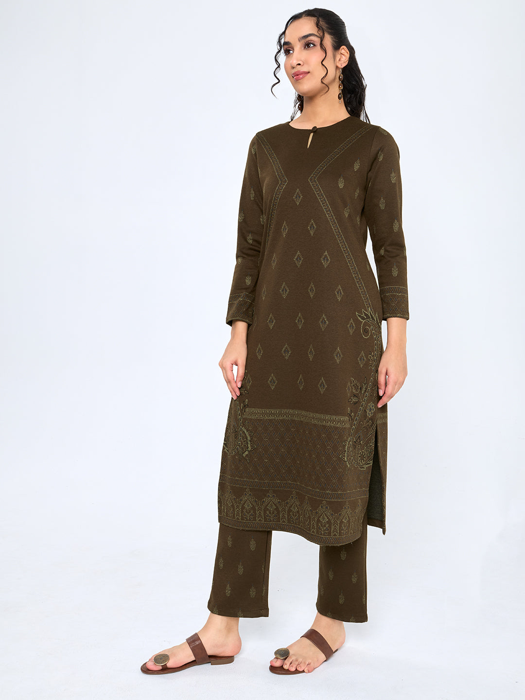 Women Brown Self Design Round Neck Full Sleeve Kurtis Set for Winter