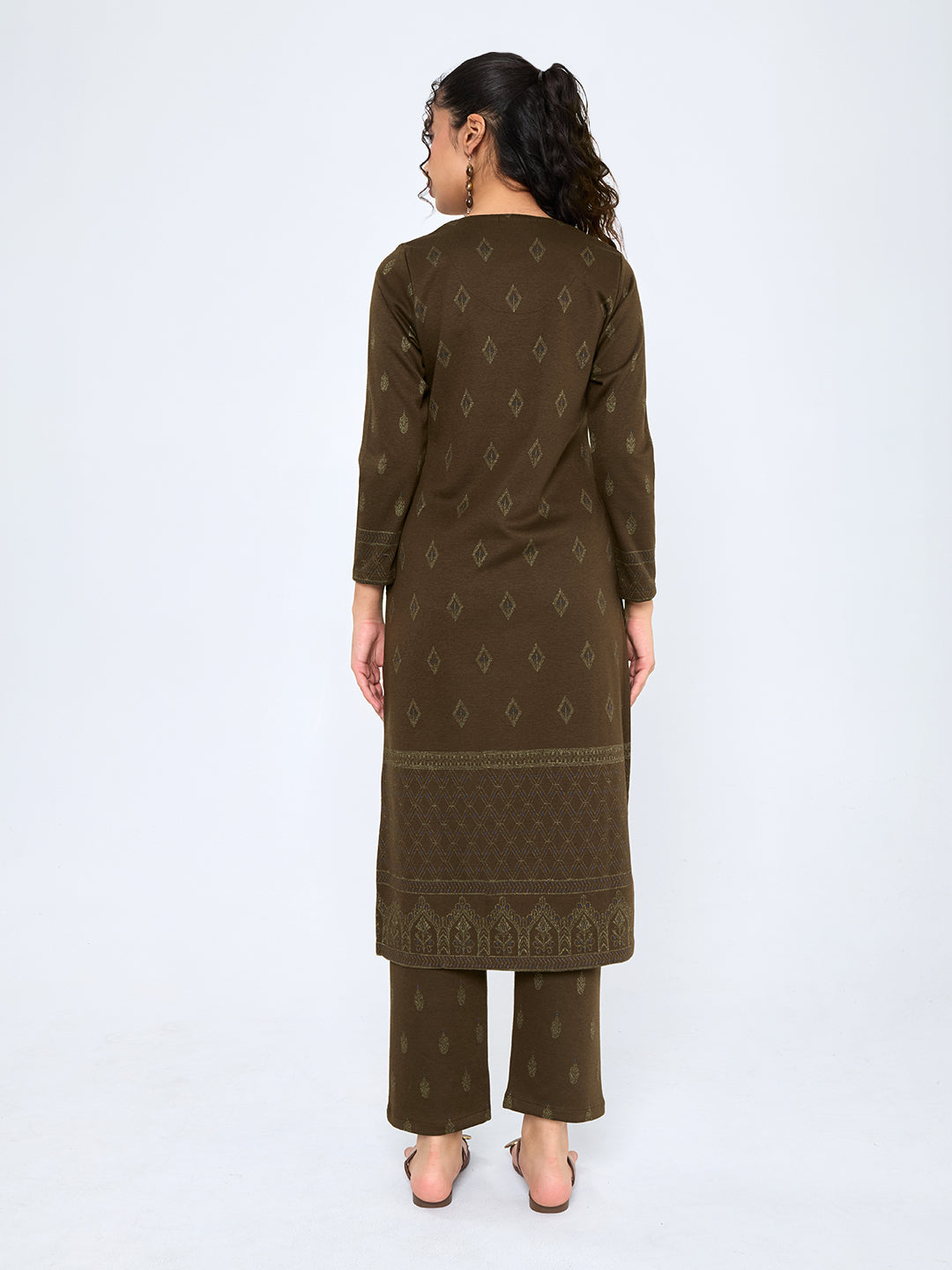Women Brown Self Design Round Neck Full Sleeve Kurtis Set for Winter
