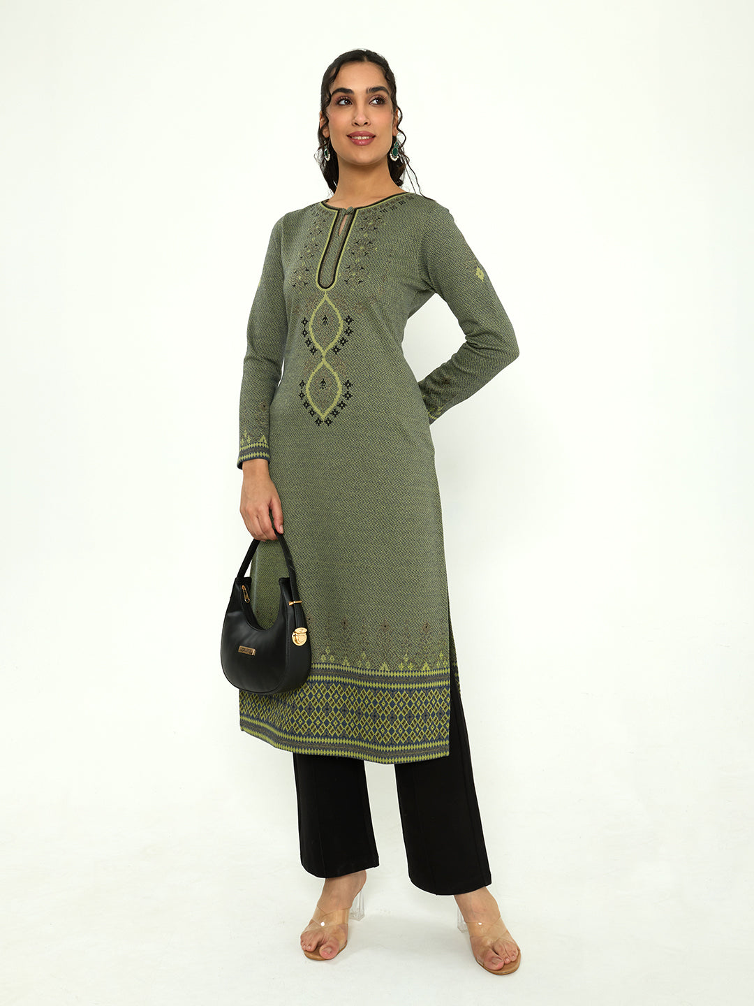 Women Green Self Design Round Neck Full Sleeve Winter Kurtis