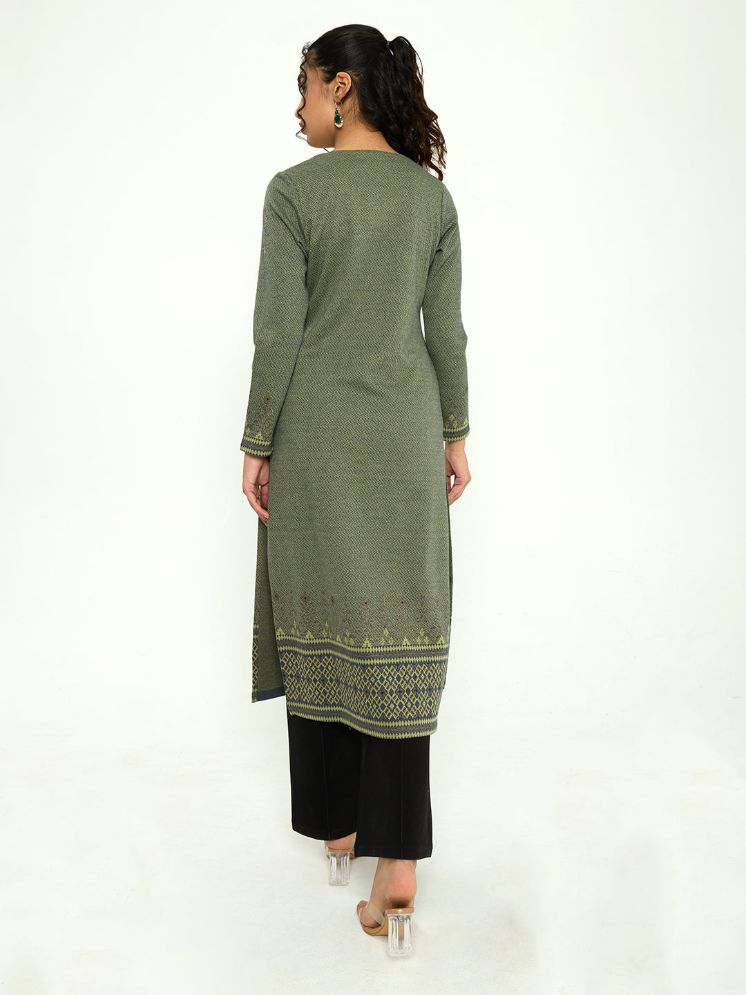 Women Green Self Design Round Neck Full Sleeve Winter Kurtis