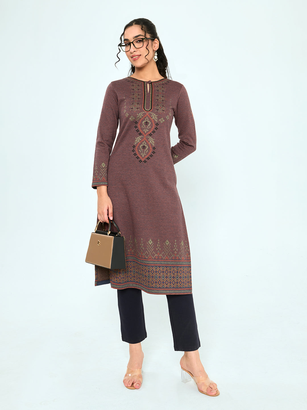 Women Rust Self Design Round Neck Full Sleeve Winter Kurtis