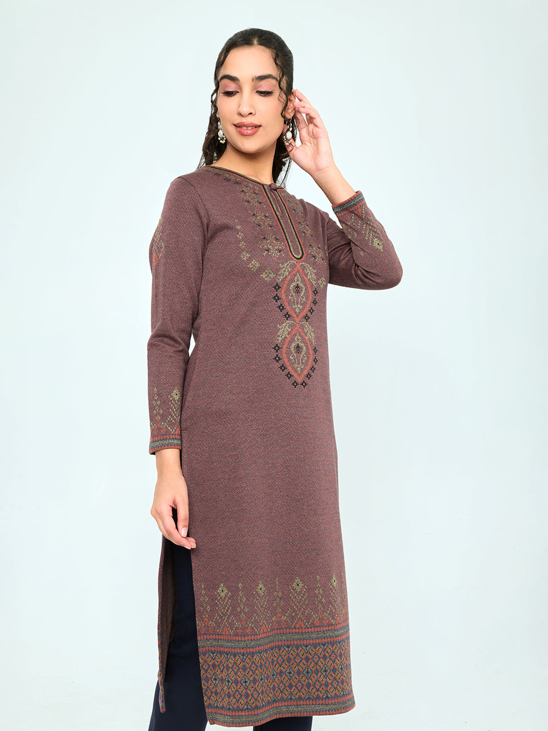 Women Rust Self Design Round Neck Full Sleeve Winter Kurtis