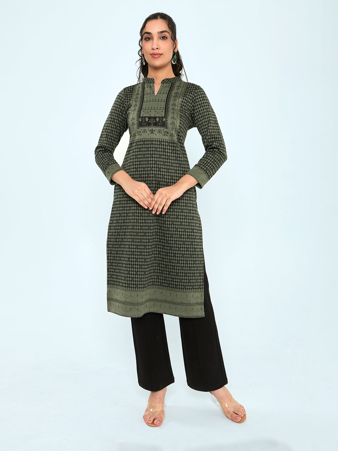 Women Olive Self Design Round Neck Full Sleeve Winter Kurtis