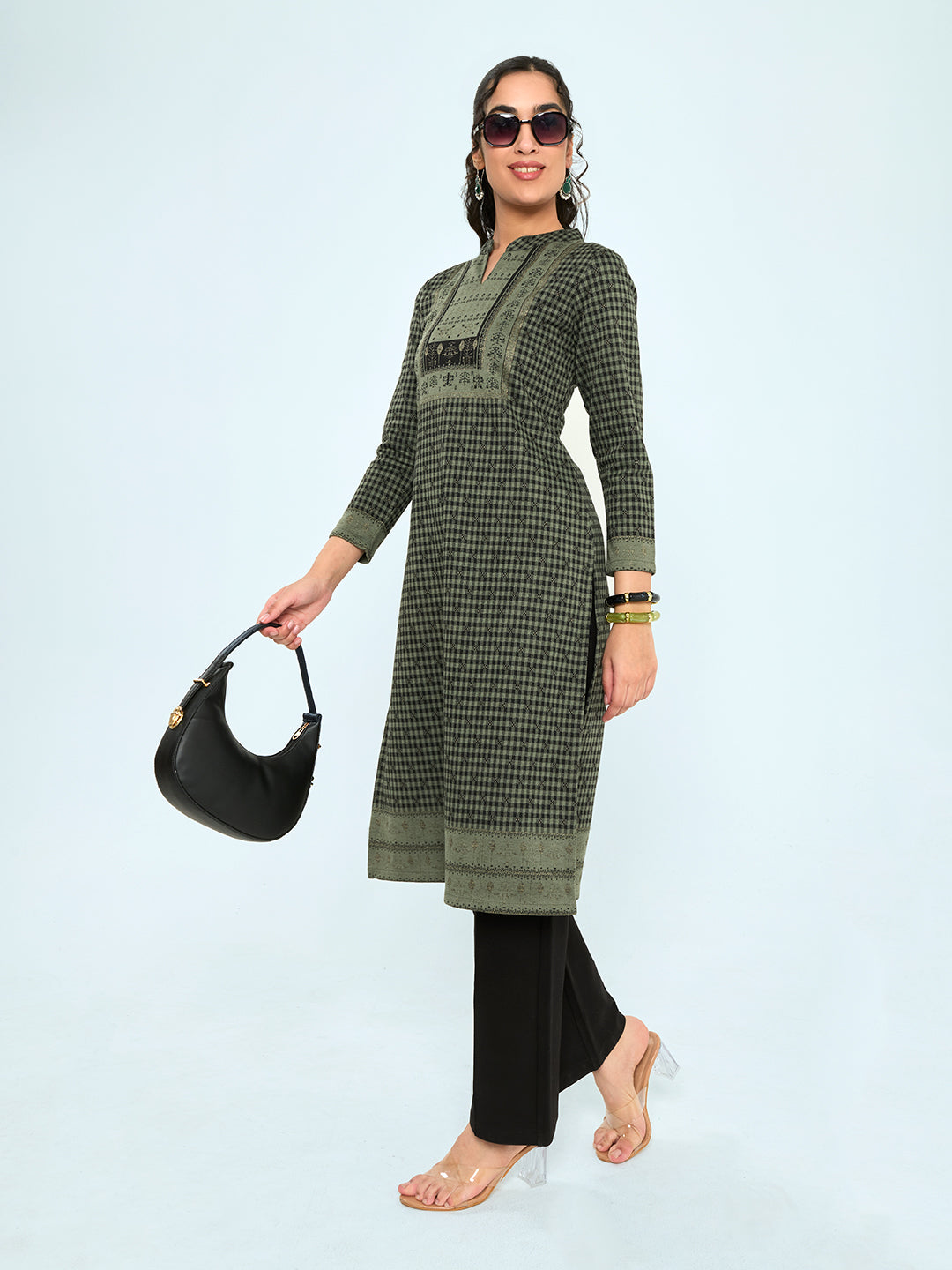 Women Olive Self Design Round Neck Full Sleeve Winter Kurtis